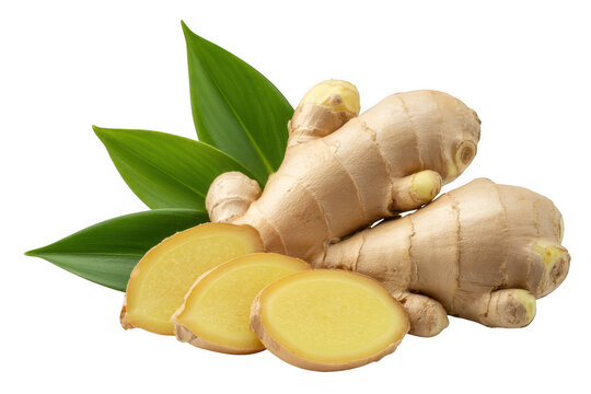 Fresh ginger root and slices isolated on transparent background