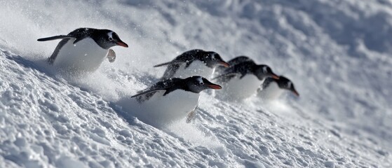 Gentoo Penguins Thrill Ride A Group Sliding Down a Snowy Hill in Antarctica