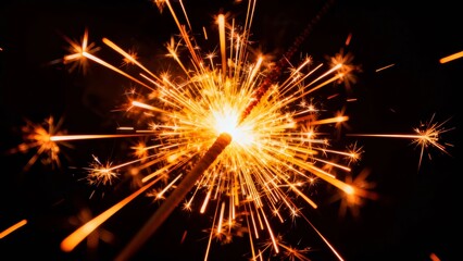 A vibrant sparkler bursts with golden sparks against a dark background, capturing the dynamic and festive essence of celebration.
