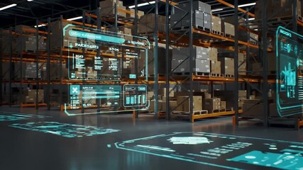 Futuristic Warehouse with Holographic Data Displays and Digital Information Overlays on Stacked Boxes and Shelving - Powered by Adobe
