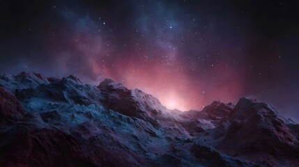 Naklejka premium Alien planet landscape bathed in the vibrant glow of a colorful nebula and distant starlight