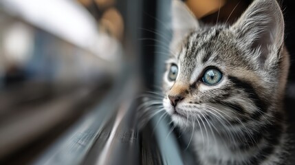 Adorable Kitten Gazing Intently from a Train Window A Portrait of Curiosity and Wonder