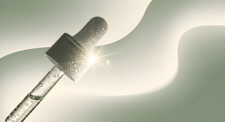 Glass serum dropper glowing with soft green light on smooth abstract waves