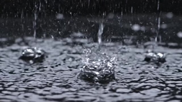 Water Droplets Splash in Dark Reflective Surface Creating Circular Ripples with Detailed Textures and Contrasting Tones Providing Abstract Atmospheric Effect