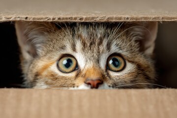 Curious kitten peeking out of a cardboard box, wide-eyed and playful