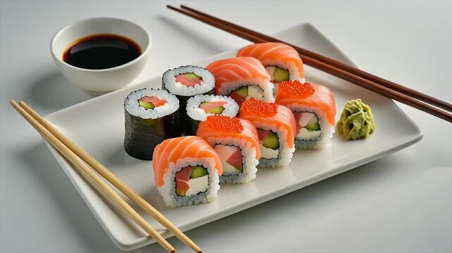 Plate of colorful sushi rolls with chopsticks and soy sauce, glossy texture and artistic layout, minimal white background, Japanese cuisine theme, ultra-detailed 8K. video