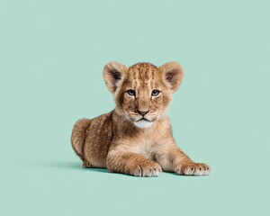 Adorable young lion cub resting peacefully on a gentle green background, showcasing its innocent charm and wild beauty in a studio portrait