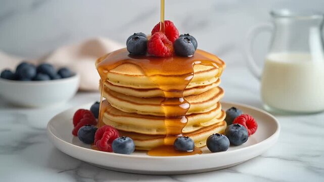 Golden pancakes stacked with maple syrup and berries, soft morning light, white marble background, delicious breakfast concept, ultra HD close-up.
