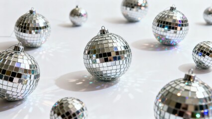 Shimmering disco balls scattered across a reflective white surface, creating a festive and glamorous atmosphere with vibrant light reflections.