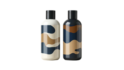 Two bottles with camouflage design in beige, navy, and white colors against a black backdrop