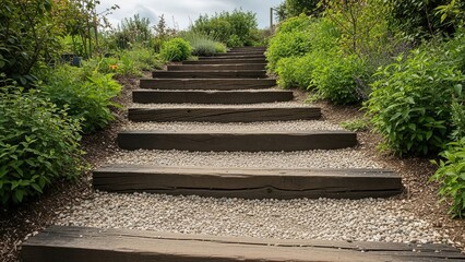 Wooden Railway Sleeper Steps Ascending a Garden Path Lined with Lush Greenery