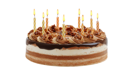 Chocolate Layer Cake with Nuts and Lit Candles birthday isolated on a transparent background