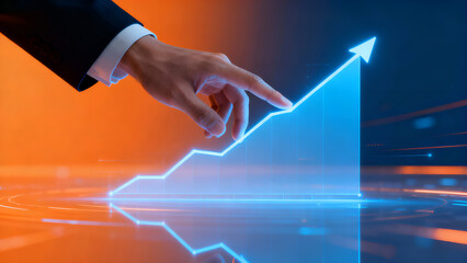 Glowing Upward Graph with Hand Gesture in Business Context