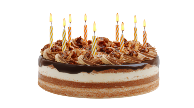 Chocolate Layer Cake with Nuts and Lit Candles birthday isolated on a transparent background - Powered by Adobe
