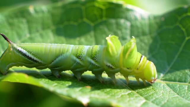 Close up video of lime hawk moth caterpillar resting on green leaf in natural habitat nature