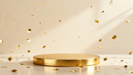 A golden circular platform surrounded by scattered golden confetti against a soft beige background, creating an elegant and celebratory atmosphere.