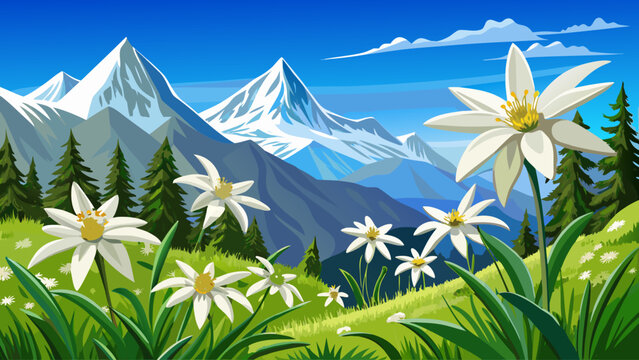 Beautiful white Edelweiss flowers growing in a lush alpine meadow under clear blue sky, close-up composition highlighting their star-shaped petals, evoking peace, rarity, and natural elegance
