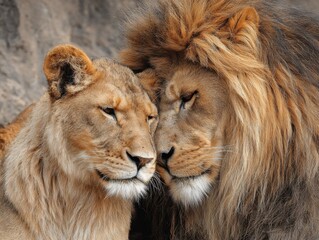 Naklejka premium A majestic lion and lioness sharing a tender moment of affection and love