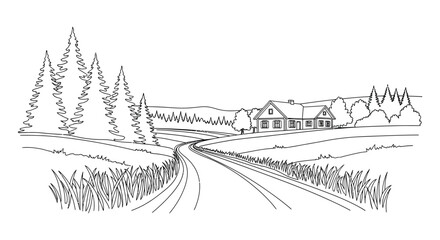 Obraz premium A winding country road leads to a charming house nestled among trees in a picturesque landscape silhouette