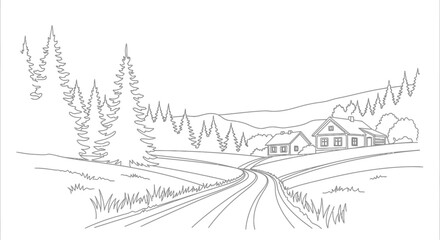 Obraz premium Artistic sketch of a winding road leading to a charming house nestled among trees and hills in a countryside landscape silhouette