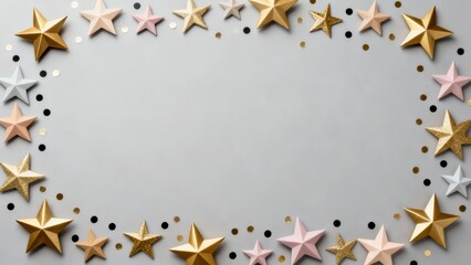 A festive border of golden and silver star-shaped ornaments frames a blank gray background, creating a celebratory and elegant design.