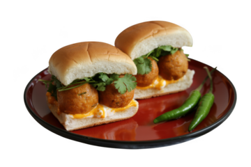 Two sliders with meatballs and chili peppers on a plate isolated on transparent background