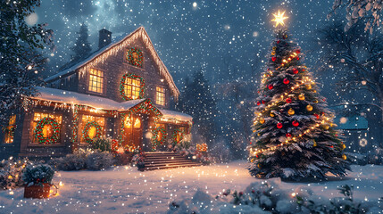 Fototapeta premium Stunning festive scene featuring a snow-covered cottage illuminated by vibrant holiday lights, shimmering ornaments, and the calm serenity of a winter evening.