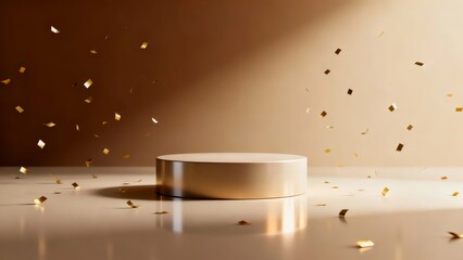 A minimalist scene featuring a golden pedestal on a reflective surface, surrounded by scattered golden confetti under warm lighting.