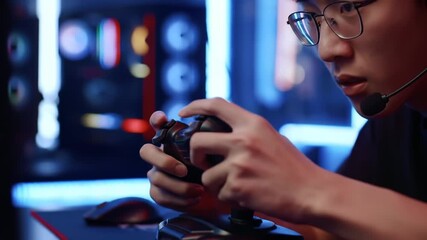 Focused Gamer immersed in Intense Session with Controller and Modern PC setup - Powered by Adobe