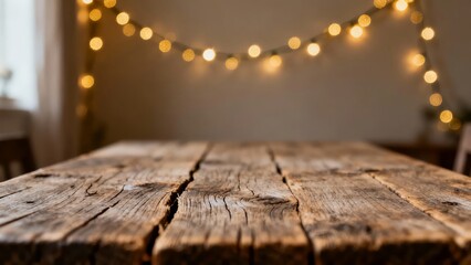 A rustic wooden table in the foreground with a softly lit background featuring warm string lights, creating a cozy and inviting atmosphere.