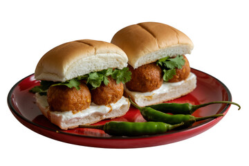 Two sliders with meatballs and green chilies isolated on transparent background