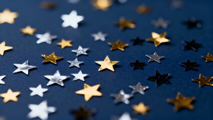 A close-up view of scattered metallic star-shaped confetti in gold, silver, and black against a deep blue textured background.