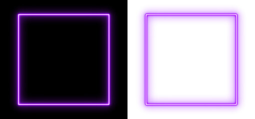 Glowing purple neon square on black and transparent background, futuristic geometric light frame, minimal luminous design