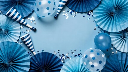 A festive blue-themed party setup featuring decorative paper fans, polka-dotted balloons, and confetti on a light blue background.
