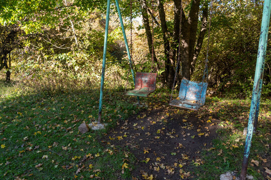 Decayed Swingset in Autumn Forest with Fallen Leaves on Ground