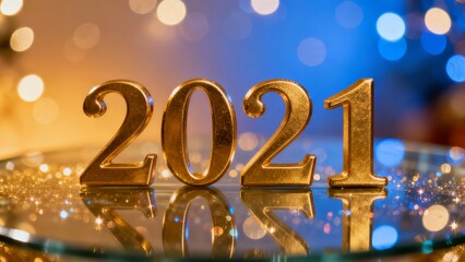 Golden '2021' numerals displayed on a reflective surface with a festive, blurred background, symbolizing the start of a new year.