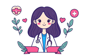 Empathetic Female Doctor with Stethoscope, Hearts, and Foliage Illustration