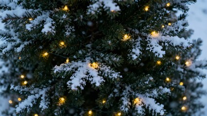 A close-up of a snow-dusted evergreen tree adorned with warm, glowing string lights, capturing the serene beauty of a winter evening.
