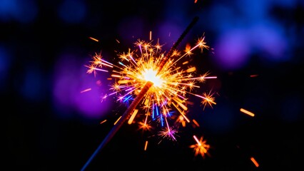 A vibrant sparkler bursts with bright orange and blue sparks against a dark, blurred background, creating a dynamic and festive visual effect.