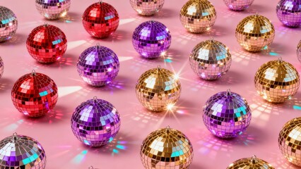 A vibrant array of colorful disco balls arranged on a pink surface, reflecting light with a festive and glamorous ambiance.