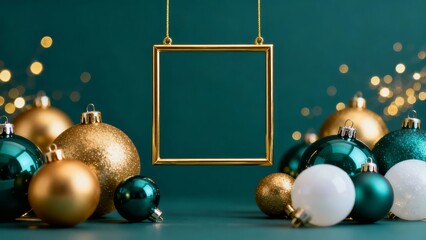 A festive holiday scene featuring a golden frame surrounded by shimmering gold and teal Christmas ornaments against a deep teal backdrop with bokeh lights.