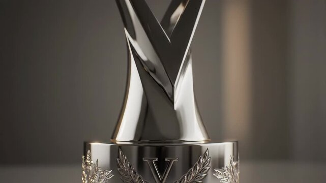 Shiny metallic award trophy with decorative details and dramatic lighting