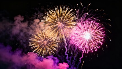 Vibrant fireworks burst in a dazzling display of pink, gold, and purple hues against the dark night sky, creating a festive and celebratory atmosphere.