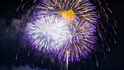 A vibrant display of fireworks bursting in the night sky, featuring a dazzling array of colors including purple, white, and gold.