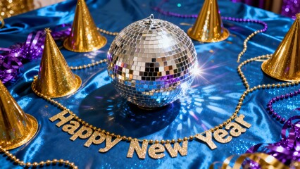 A festive New Year's celebration setup featuring a glittering disco ball, golden party hats, and a 'Happy New Year' banner on a vibrant blue fabric backdrop.
