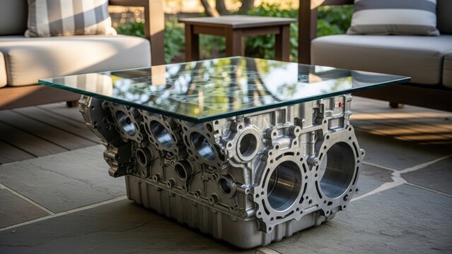 Upcycled Engine Block Glass Top Coffee Table on Outdoor Patio - Powered by Adobe