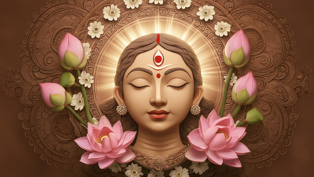 A serene and spiritual illustration of a goddess in meditation, framed by pink lotus flowers and a complex, beautiful mandala background.