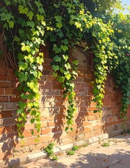 A sunlit, brick wall adorned with vibrant green, cascading foliage