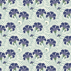 Seamless Art Nouveau floral pattern featuring stylized purple carnations and swirling green stems. An elegant, rhythmic, and intricate botanical illustration, perfect for vintage textiles.