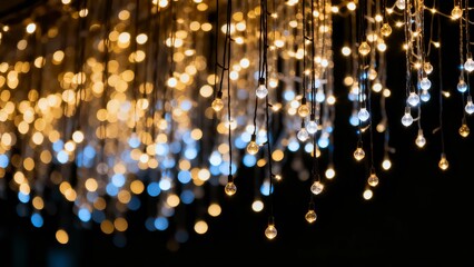 A close-up view of hanging string lights with a bokeh effect, creating a warm and festive ambiance against a dark background.